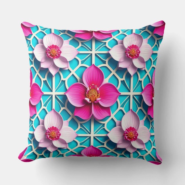 Pink Flowers on a Geometric Blue Background Throw Pillow (Front)