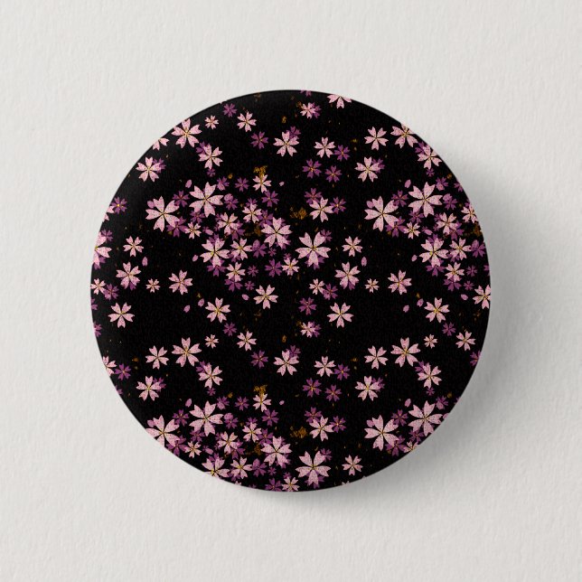 Pink Flowers on Black 2 Inch Round Button (Front)