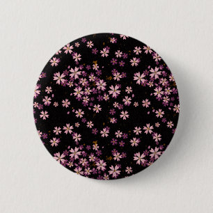 Pink Flowers on Black 2 Inch Round Button
