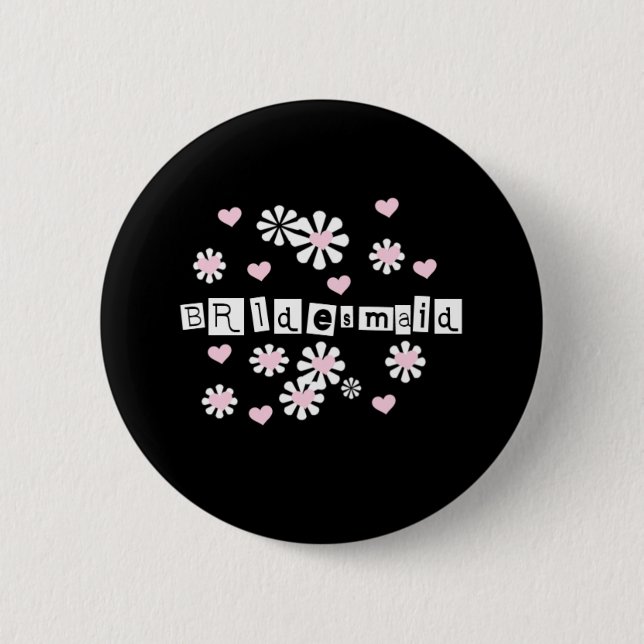 Pink Flowers on Black Bridesmaid  2 Inch Round Button (Front)