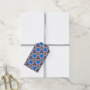 Pink flowers on blue background gift tags