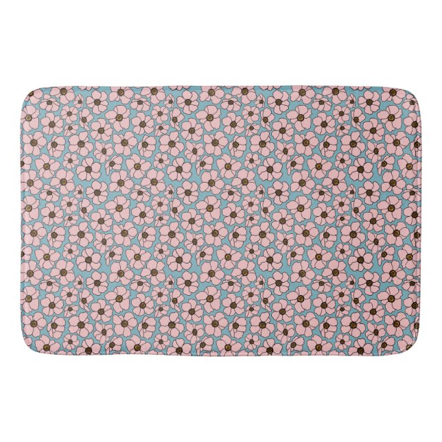 Pink Flowers On Blue  Bath Mat (Front)