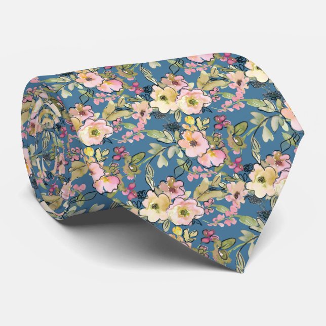 Pink Flowers on Blue Tie (Rolled)