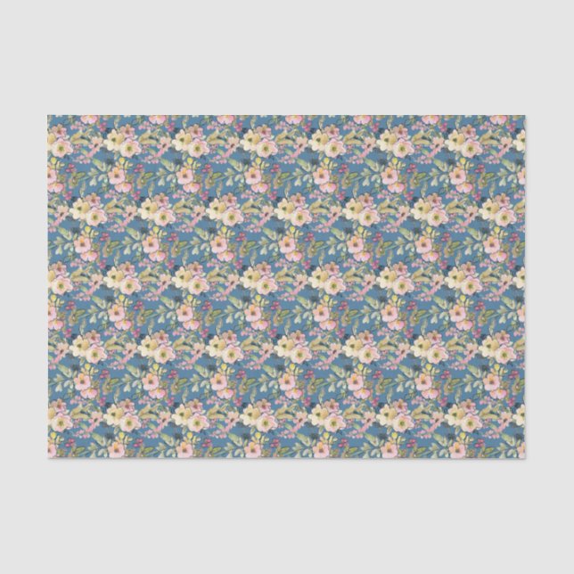 Pink Flowers on blue  Tissue Paper (Front)