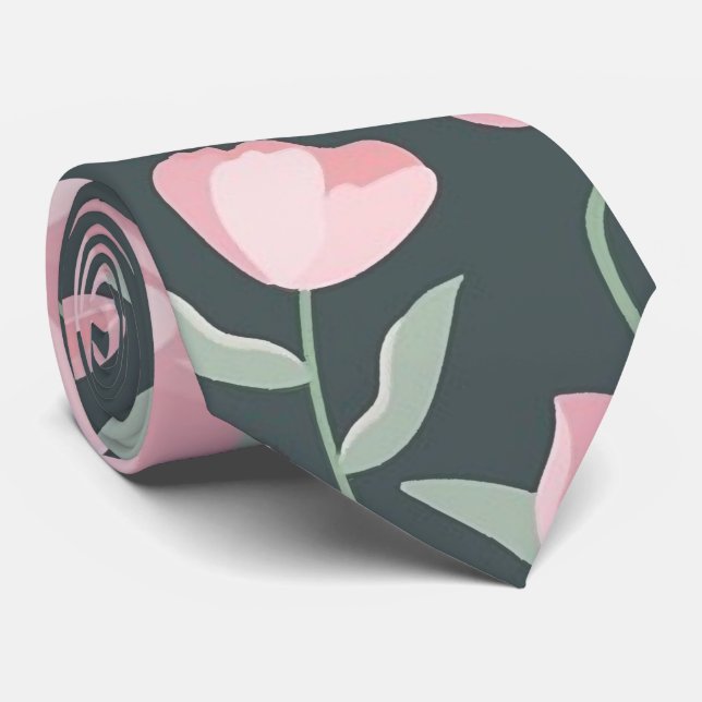 Pink flowers on dark green seamless pattern  tie (Rolled)
