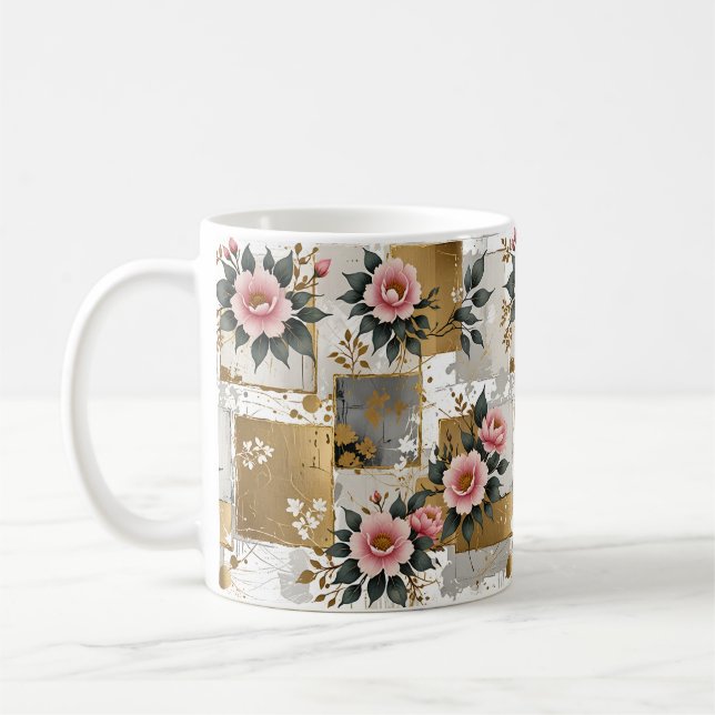 Pink Flowers on Gold and White Squares Coffee Mug (Left)
