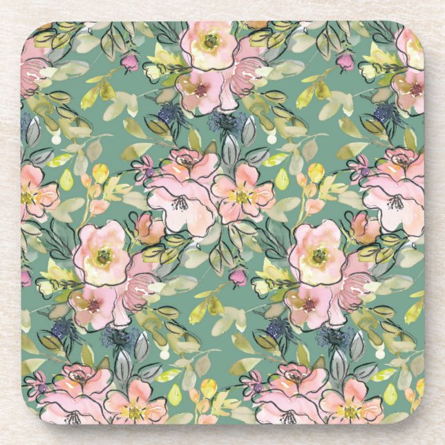 Pink Flowers on Green Coaster, Floral Drink  Coaster (Front)