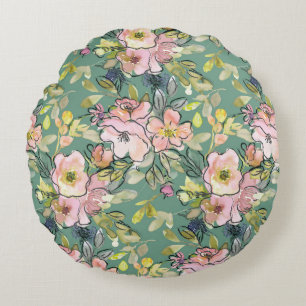 Pink Flowers on Green Round Pillow