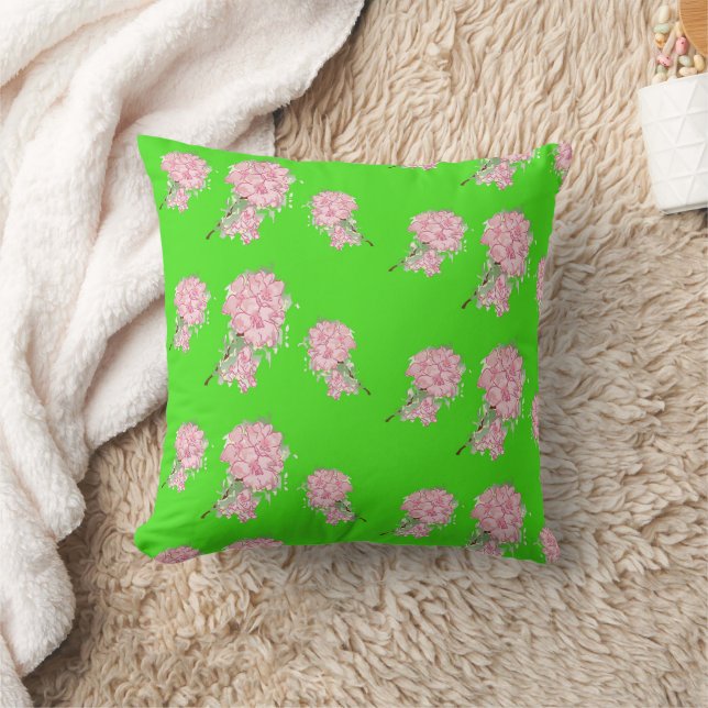 Pink flowers on green throw pillow (Blanket)