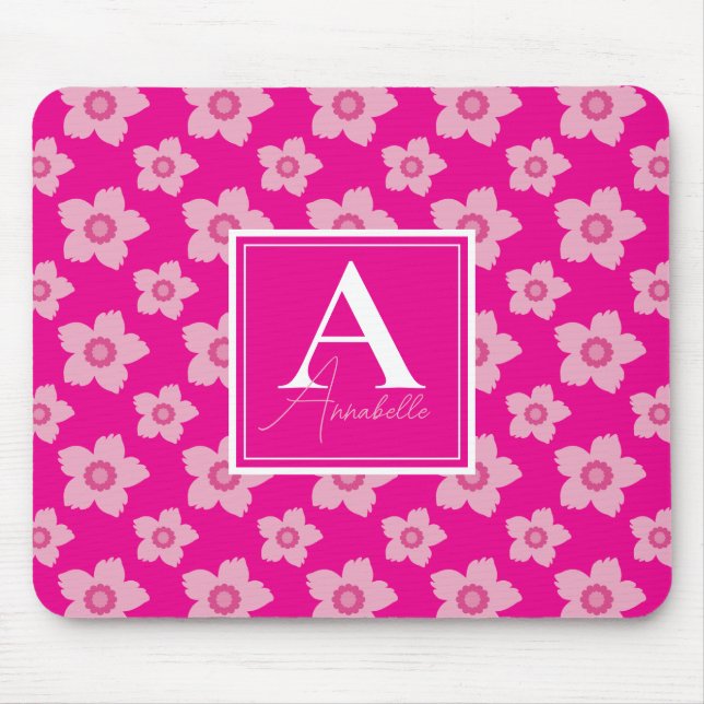 Pink Flowers On Pink Background Monogram  Mouse Pad (Front)
