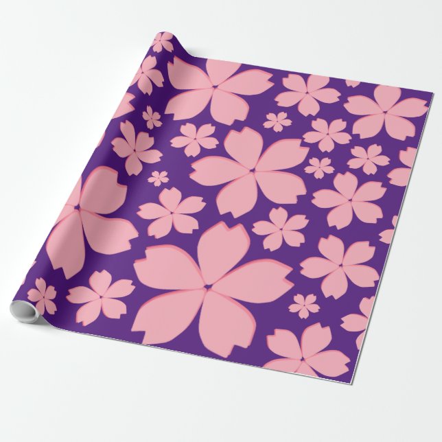 Pink Flowers on Purple Wrapping Paper (Unrolled)