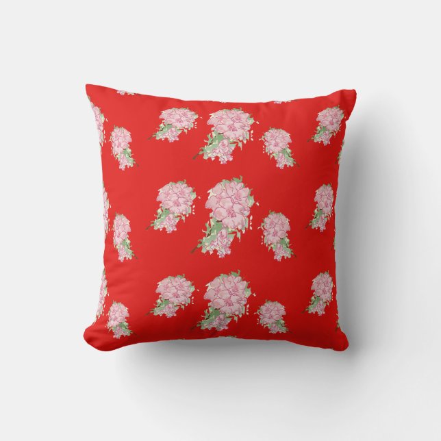 Pink flowers on red throw pillow (Front)