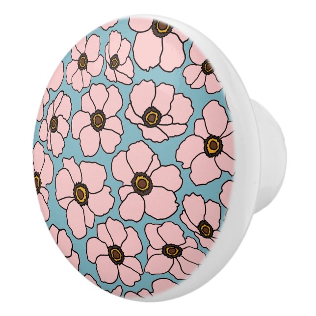 Pink Flowers On Teal Blue  Ceramic Knob (Right)