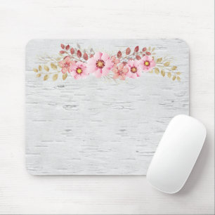 Pink Flowers On White Birch Mouse Pad