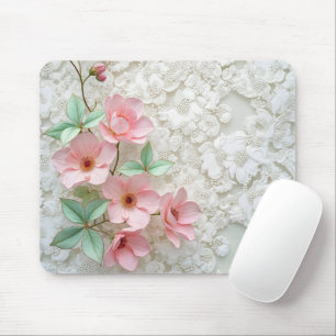Pink Flowers On White Bridal Lace Mouse Pad