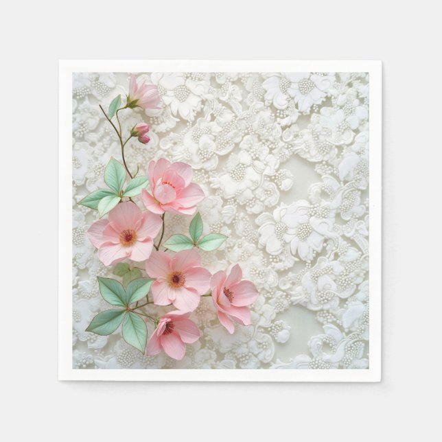 Pink Flowers On White Bridal Lace Napkin (Front)