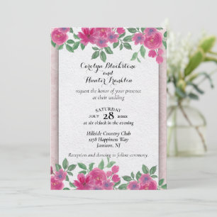 Pink Flowers on White & Pink Wedding Invitation