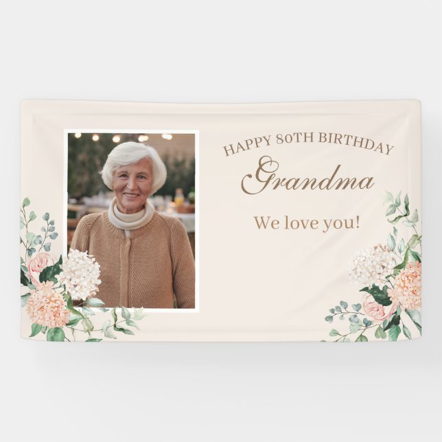 Pink Flowers One Photo 80th Birthday Banner (Horizontal)