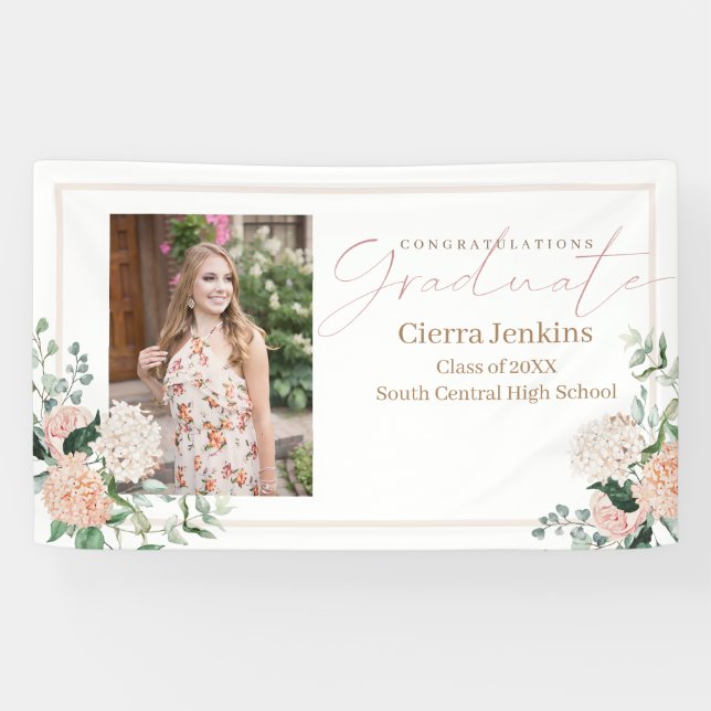 Pink Flowers One Photo Calligraphy Graduation Banner (Horizontal)