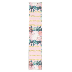 Pink Flowers Paint Gold Stripes Girly Design Medium Table Runner
