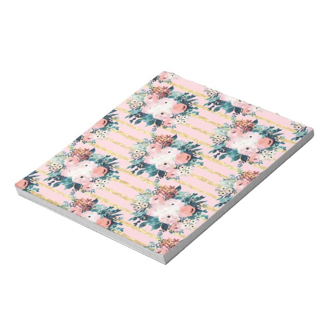 Pink Flowers Paint Gold Stripes Girly Design Notepad (Rotated)
