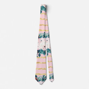 Pink Flowers Paint Gold Stripes Girly Design Tie