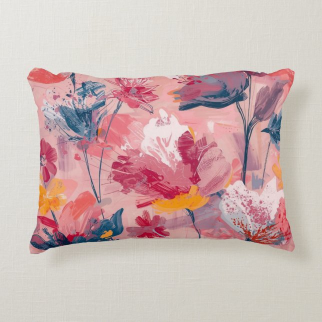 Pink Flowers Painted Brushtrokes Botanical Pattern Accent Pillow (Front)