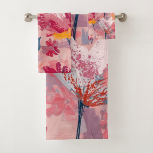 Pink Flowers Painted Brushtrokes Botanical Pattern Bath Towel Set