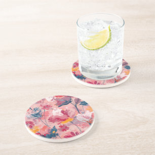Pink Flowers Painted Brushtrokes Botanical Pattern Coaster