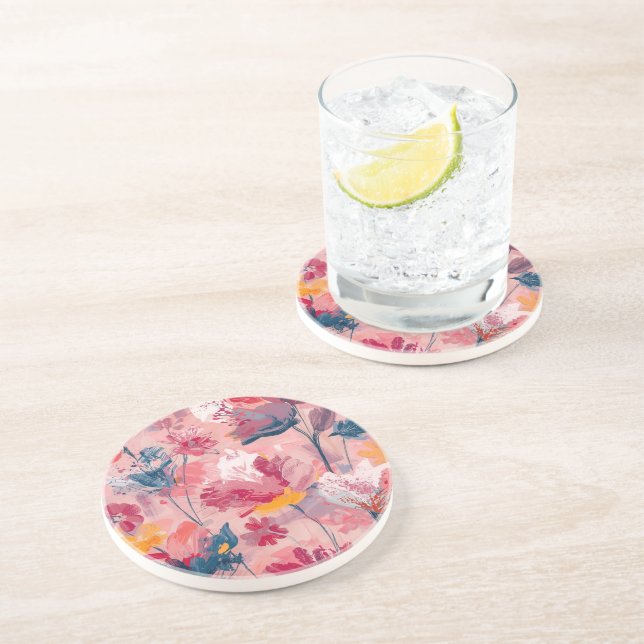 Pink Flowers Painted Brushtrokes Botanical Pattern Coaster (Side)