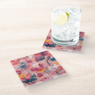 Pink Flowers Painted Brushtrokes Botanical Pattern Glass Coaster