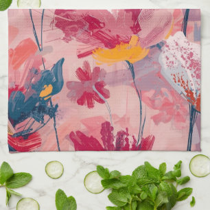 Pink Flowers Painted Brushtrokes Botanical Pattern Kitchen Towel