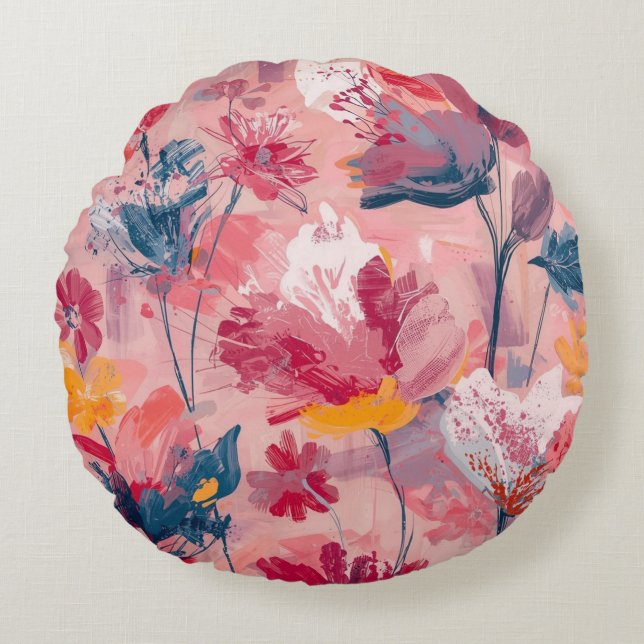 Pink Flowers Painted Brushtrokes Botanical Pattern Round Pillow (Front)