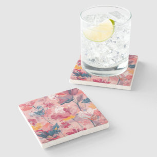 Pink Flowers Painted Brushtrokes Botanical Pattern Stone Coaster