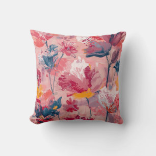 Pink Flowers Painted Brushtrokes Botanical Pattern Throw Pillow