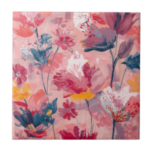 Pink Flowers Painted Brushtrokes Botanical Pattern Tile