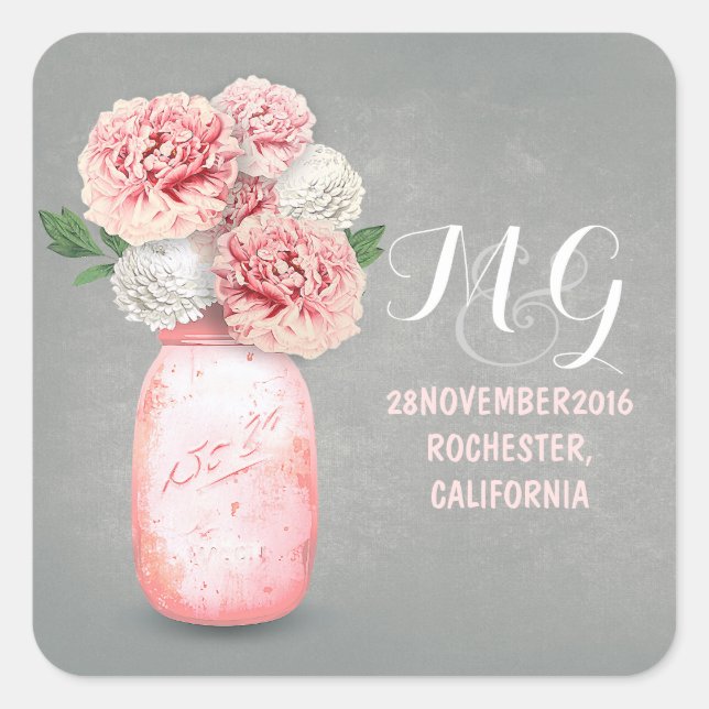 Pink flowers painted mason jar wedding stickers (Front)