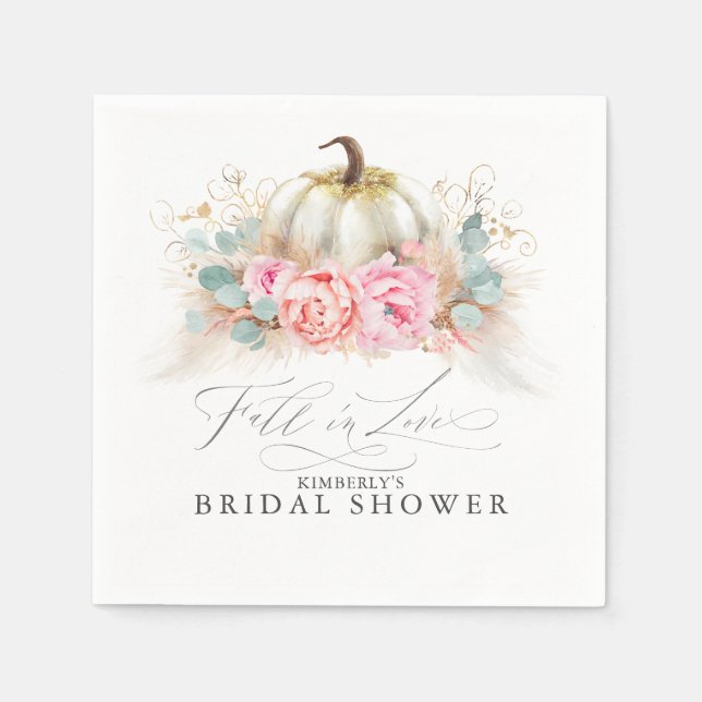 Pink Flowers Pampas Grass and White Pumpkin Napkin (Front)