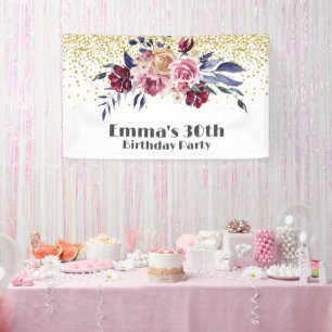 pink flowers party, elegant Birthday Banner