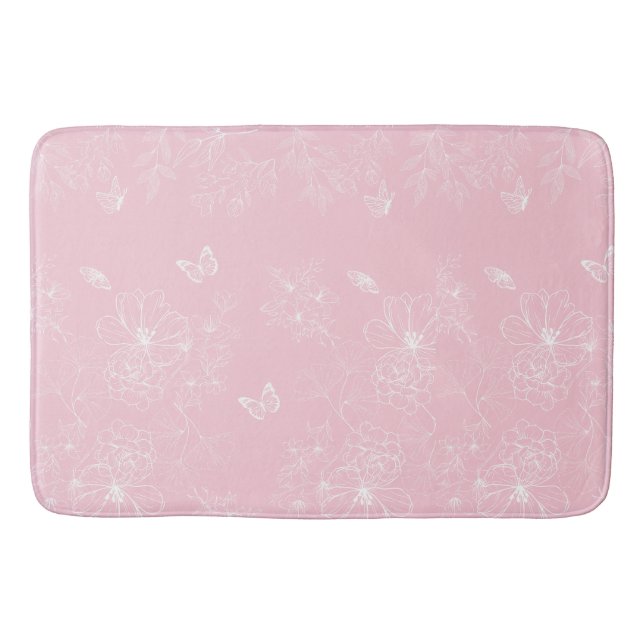 Pink Flowers Pattern, Floral, Pattern, Minimalist Bath Mat (Front)