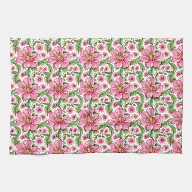 Pink Flowers Pattern Kitchen Towel (Horizontal)