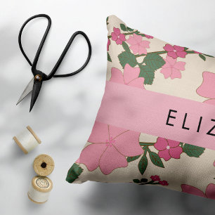 Pink Flowers, Pattern Of Flowers, Your Name Accent Pillow