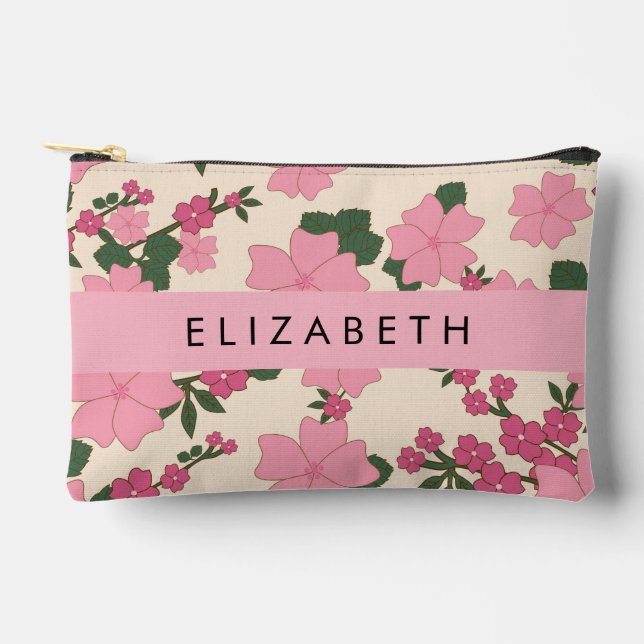 Pink Flowers, Pattern Of Flowers, Your Name Accessory Pouch (Front)