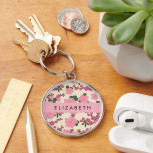 Pink Flowers, Pattern Of Flowers, Your Name Keychain