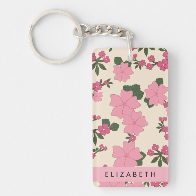 Pink Flowers, Pattern Of Flowers, Your Name Keychain (Front)