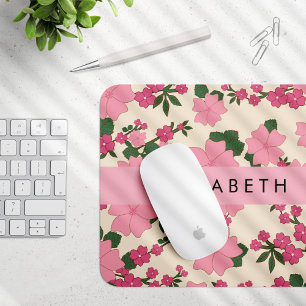 Pink Flowers, Pattern Of Flowers, Your Name Mouse Pad