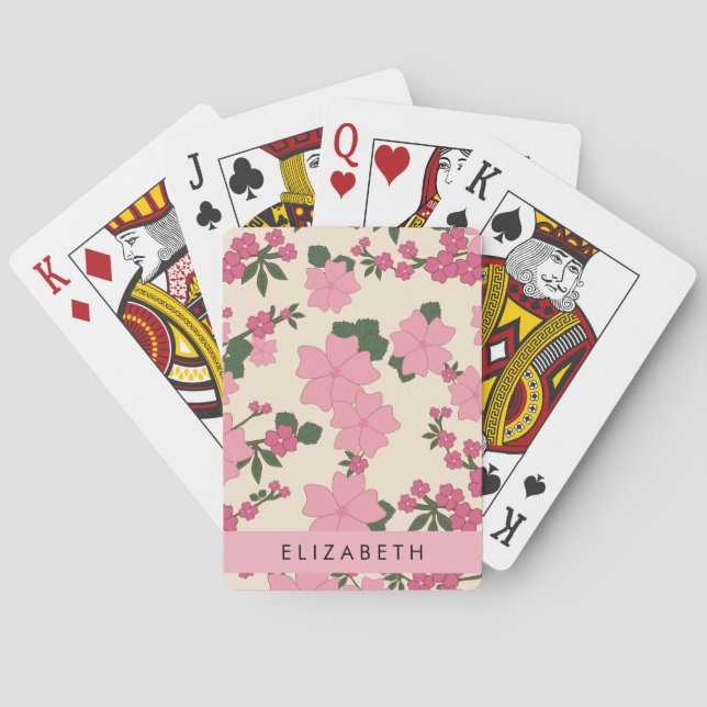 Pink Flowers, Pattern Of Flowers, Your Name Playing Cards (Back)