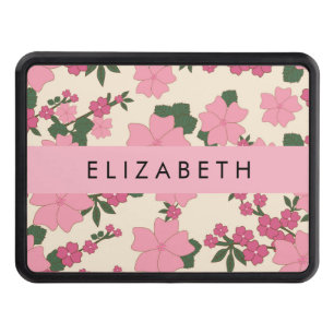 Pink Flowers, Pattern Of Flowers, Your Name Trailer Hitch Cover