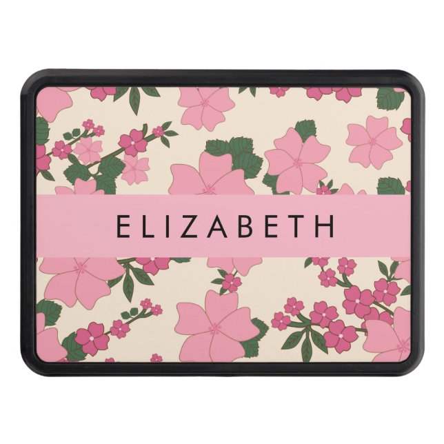 Pink Flowers, Pattern Of Flowers, Your Name Trailer Hitch Cover (Front)