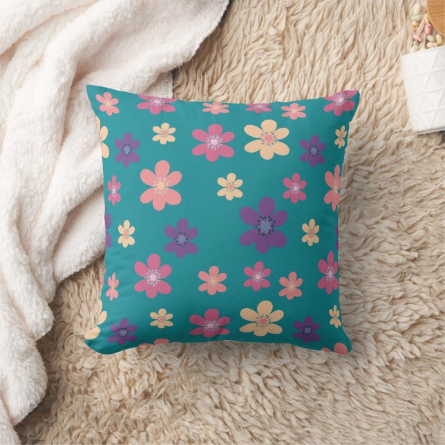 Pink Flowers Pattern on Dark Green Background Throw Pillow (Blanket)